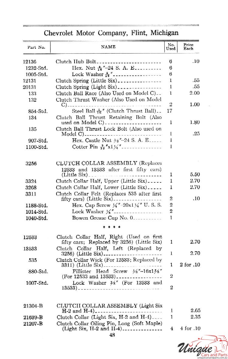 1912 Chevrolet Light and Little Six Parts Price List Page 5